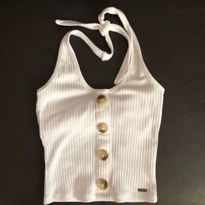 Hollister Ribbed White Button Halter Crop Top